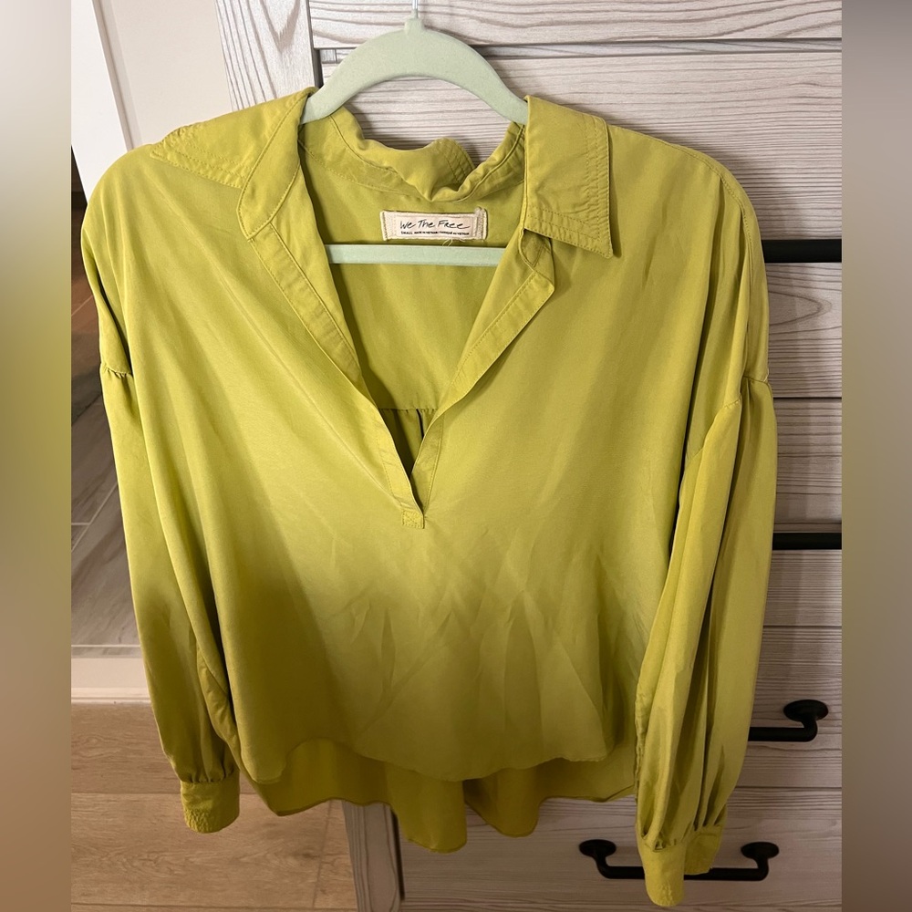 We The Free Chartreuse V-Neck Collared Blouse
